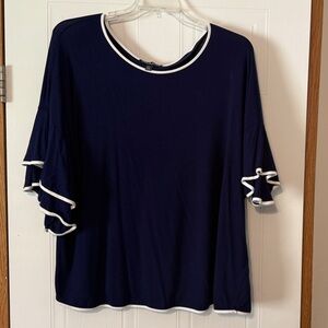 Cable & Gauge Navy Top with White Trim and Ruffle Sleeves